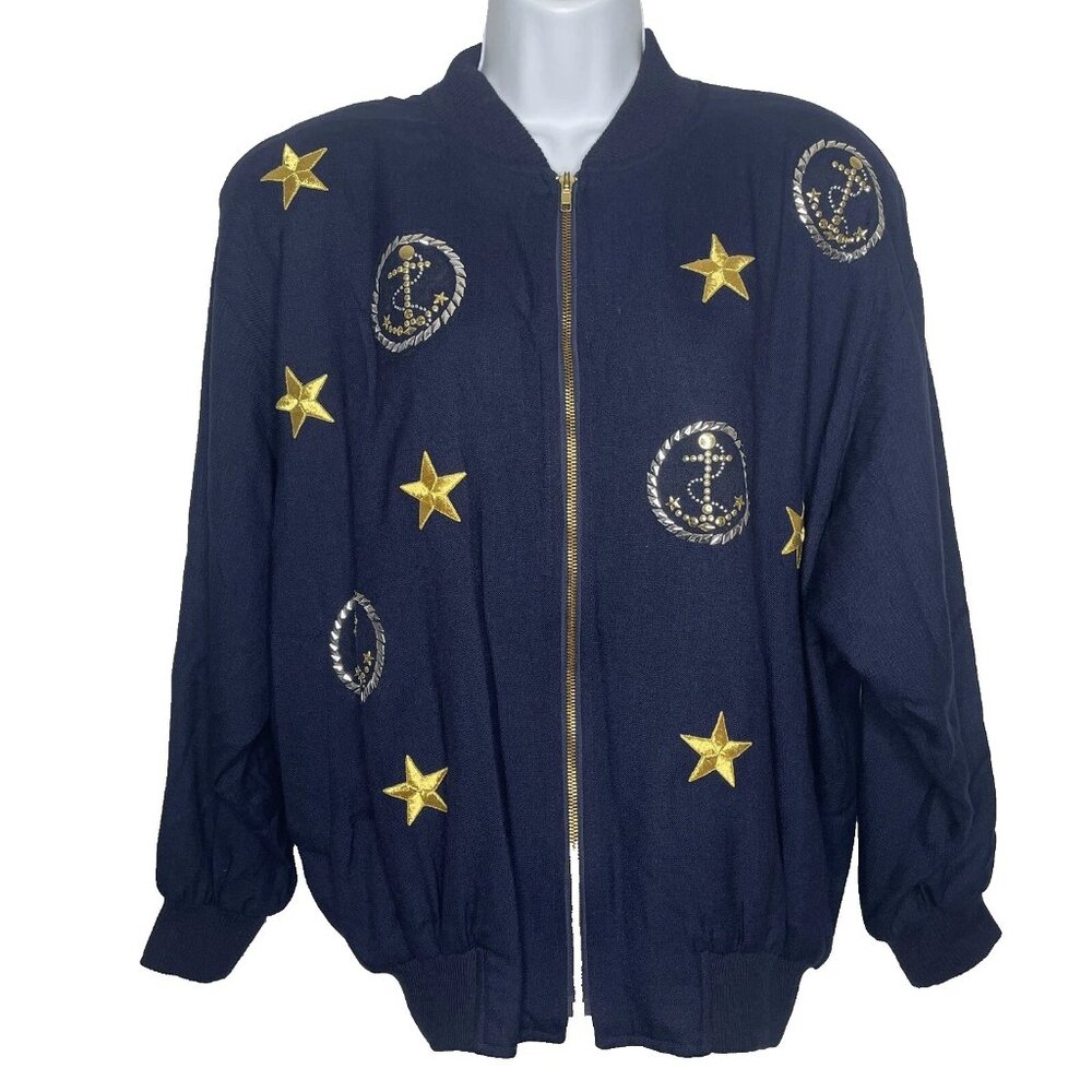Vintage 80s Harlan Bomber Jacket Size M Navy Blue Nautical Yacht Rock Studded